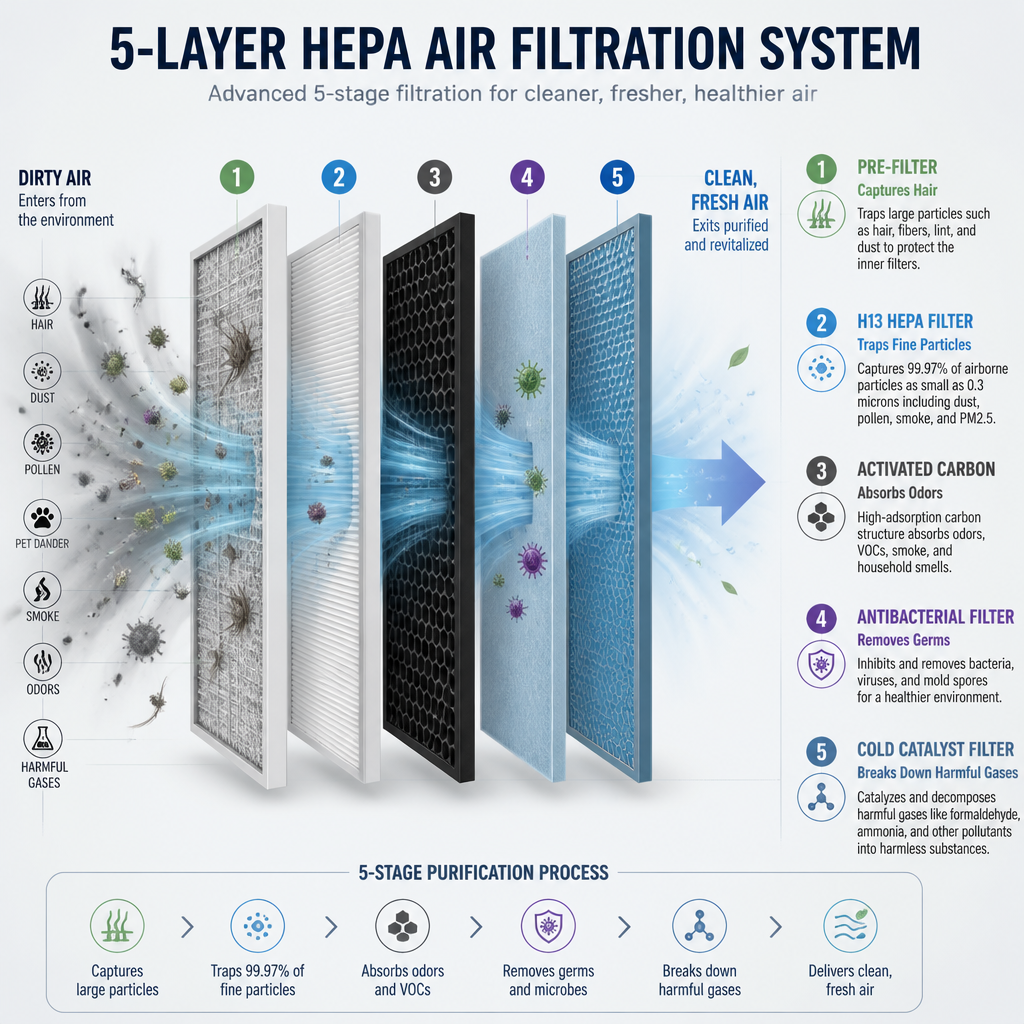 Five-layer HEPA filtration system in Ownpets air purifier for pet owners
