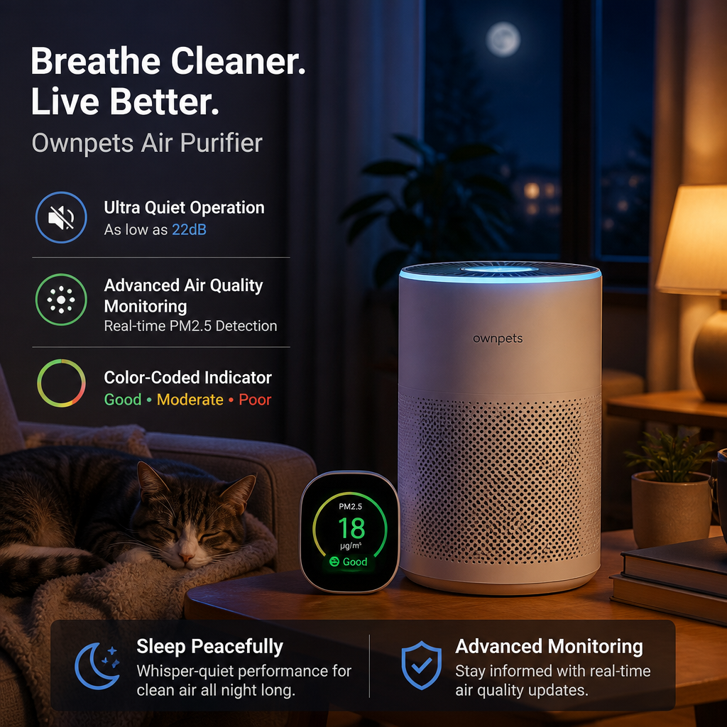 Ownpets air purifier with air quality monitor and quiet operation for pet households