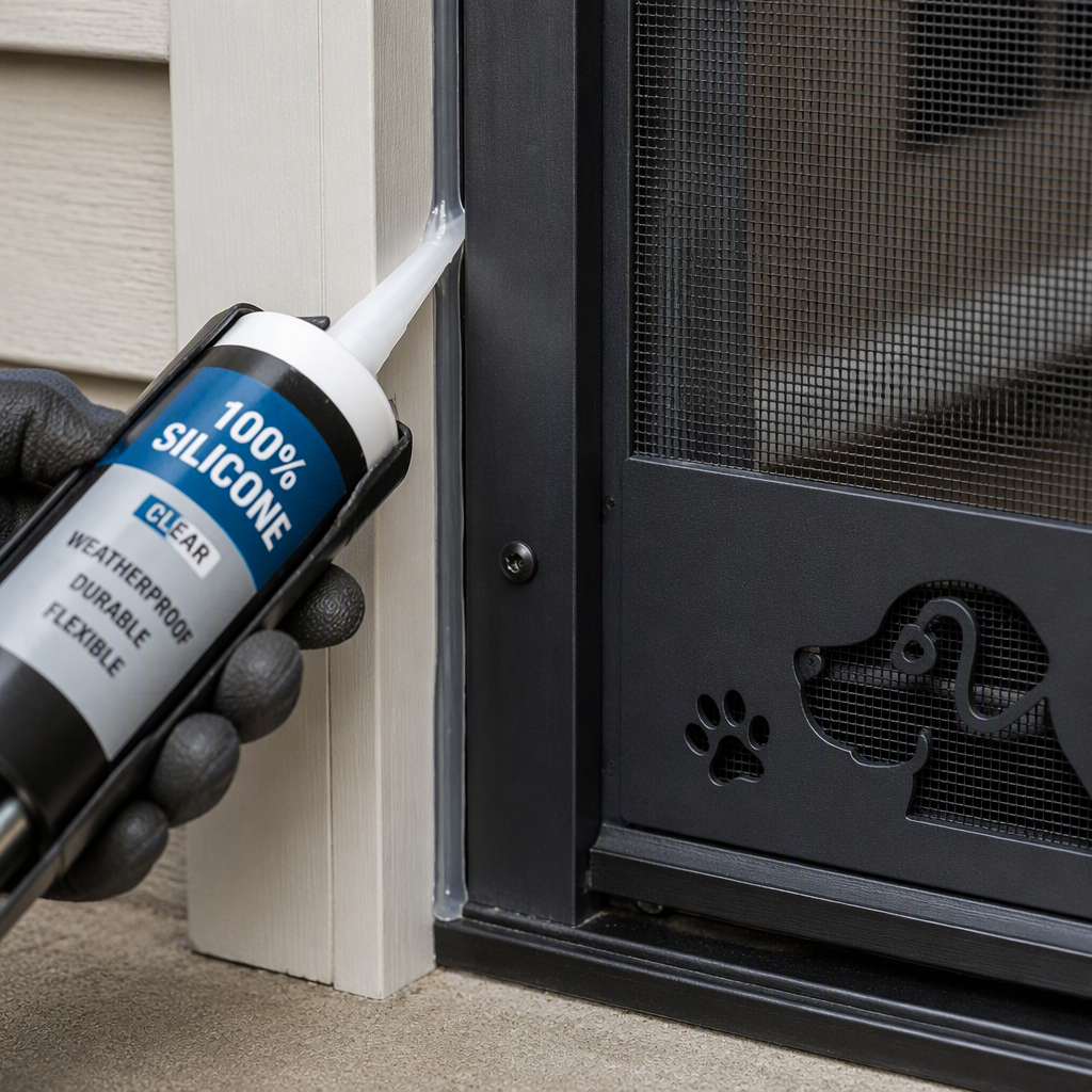 weatherproofing a dog screen door with silicone sealant