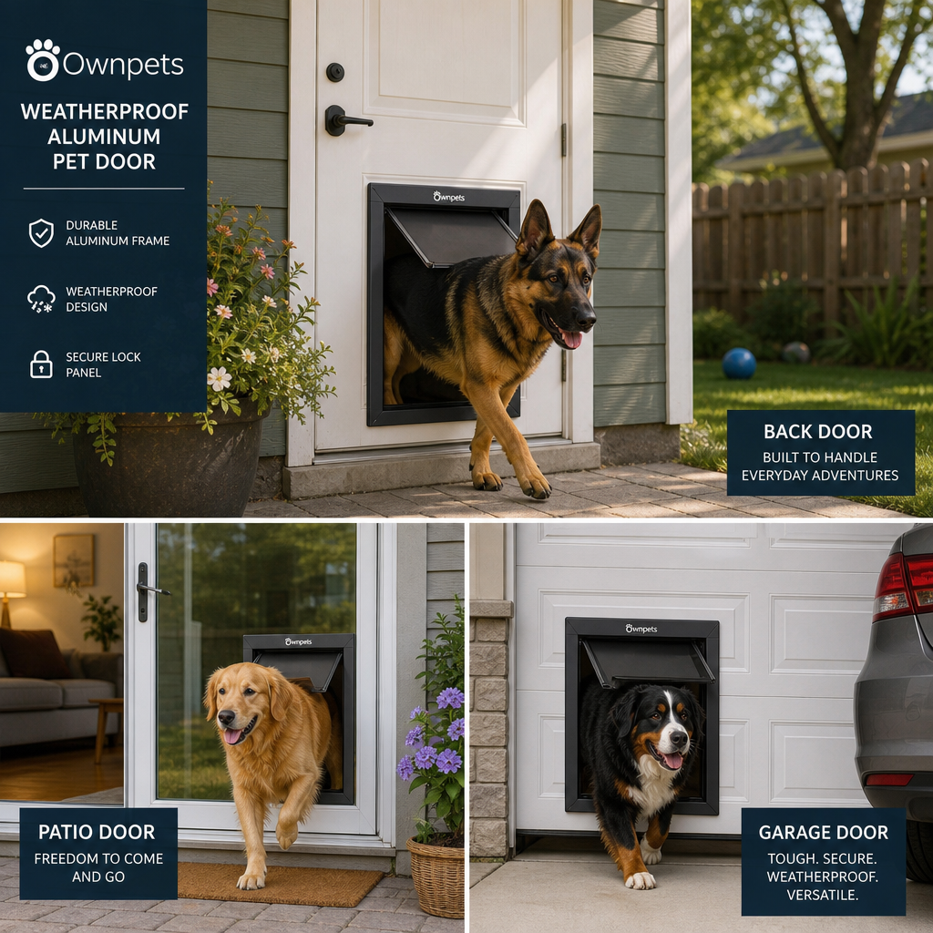 Ownpets Weatherproof Aluminum Pet Door installed for large breeds in multiple home settings